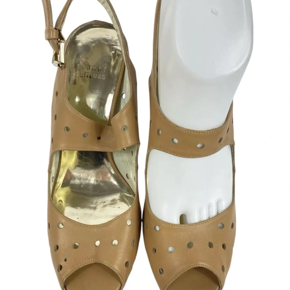 Stuart Weitzman Tan Leather Cutout Platform Heels Peep Toe Women’s Size 9 in EUC